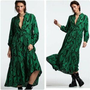 Zara Green + Black Printed 3/4 Sleeve Long Dress w/ Tiers
